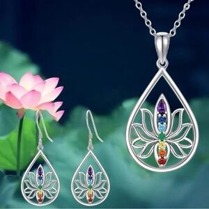 925 Sterling Silver Chakra Lotus Blossom Necklace & Earrings Set Zircon Rainbow